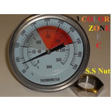 Temperature Gauge (Thermometer) 3" BBQ Pit Smoker Grill F/C Thermometer Gauge 1/2" NPT Fahrenheit Celsius Bi-metal N Barbecue Stem Temp with Heavy Nut