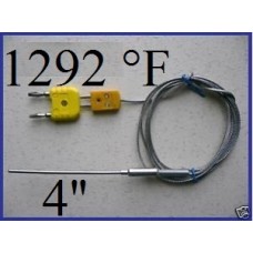 4" probe K Thermocouple -1292 °F (with flat pin and detachable banana plug)