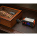 ThermoMart DIN302 digital dual-relay temperature and humidity controller displaying red and blue LED readouts, accompanied by a 1-meter precision sensor probe for humidors.