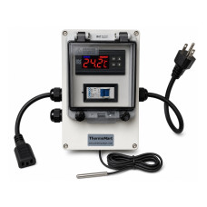 Waterproof plug-and-play 120VAC temperature control box with circuit breaker, sensor, plug and receptacle