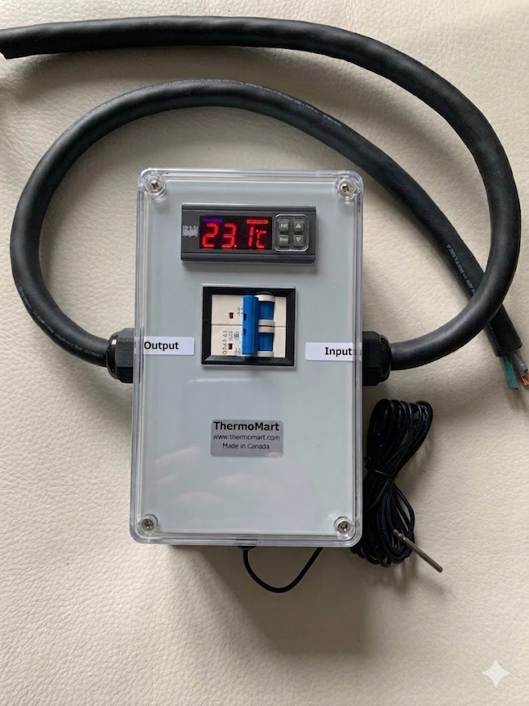 ThermoMart-30A-240V-Hot-Tub-Controller-Clear-Cover ThermoMart 240VAC 30A digital temperature control box with solid clear waterproof cover and NTC100K probe.