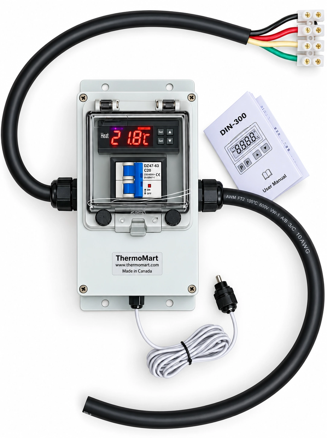 ThermoMart 240VAC 30A digital temperature control box with solid clear waterproof cover and NTC100K probe.