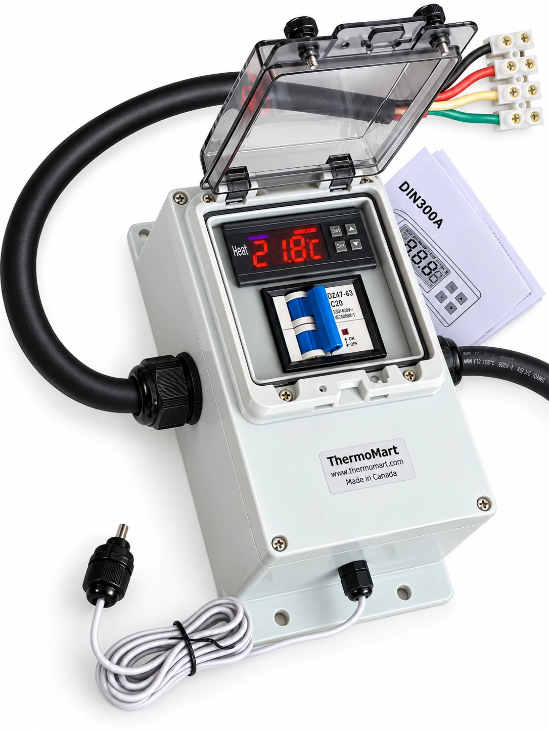 ThermoMart 240VAC 30A digital temperature control box with solid clear waterproof cover and NTC100K probe.