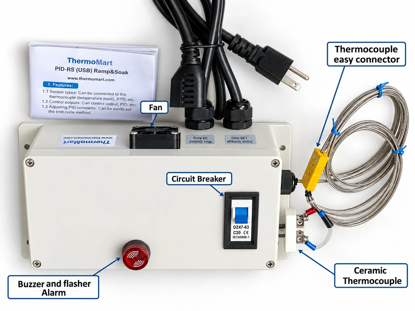 USB PC Plug &amp; Play Ramp &amp; Soak PID Temperature Controller &amp; Recorder, Circuit Breaker 20A for Kiln