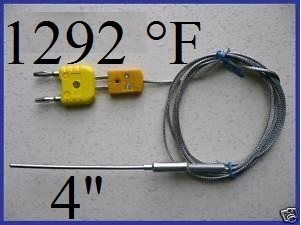 4" probe K Thermocouple -1292 °F (with flat pin and detachable banana plug) 4" probe K Thermocouple -1292 °F (with flat pin and detachable banana plug)