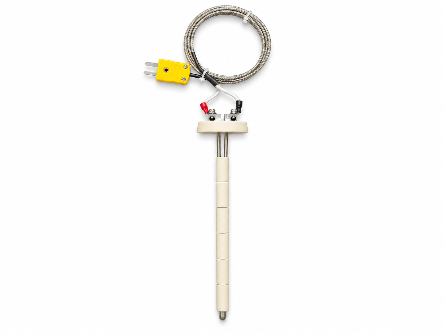 Ceramic K-type kiln thermocouple with terminal block, braided extension lead and connector