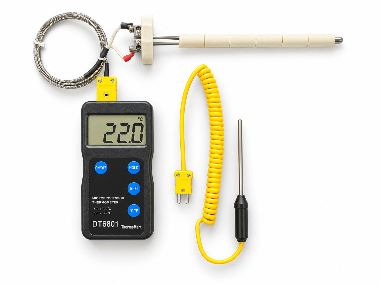 DP-6801 digital pyrometer with ceramic K-type thermocouple and test probe