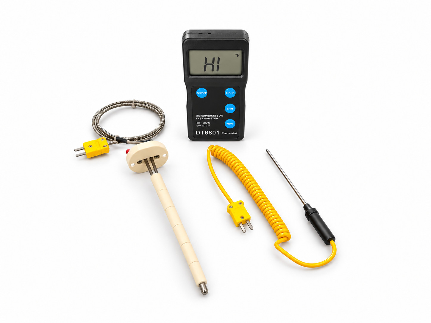 DP-6801 pyrometer kit showing ceramic probe, braided lead and yellow test-probe cable