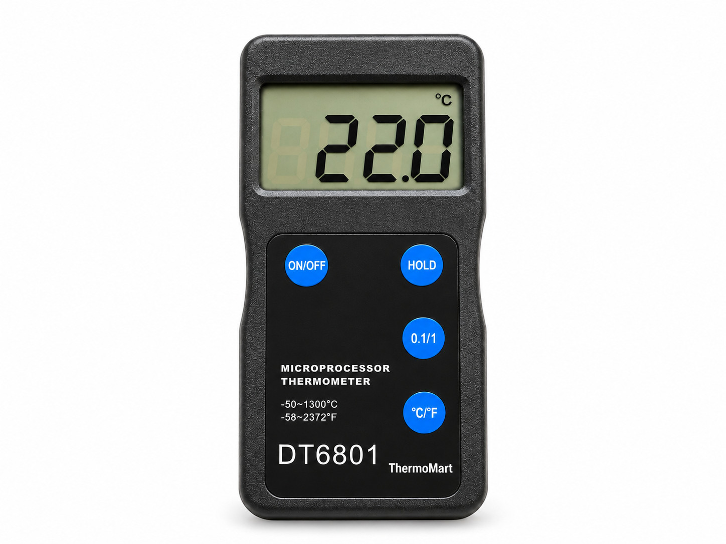 DP-6801 thermometer LCD and Celsius/Fahrenheit controls