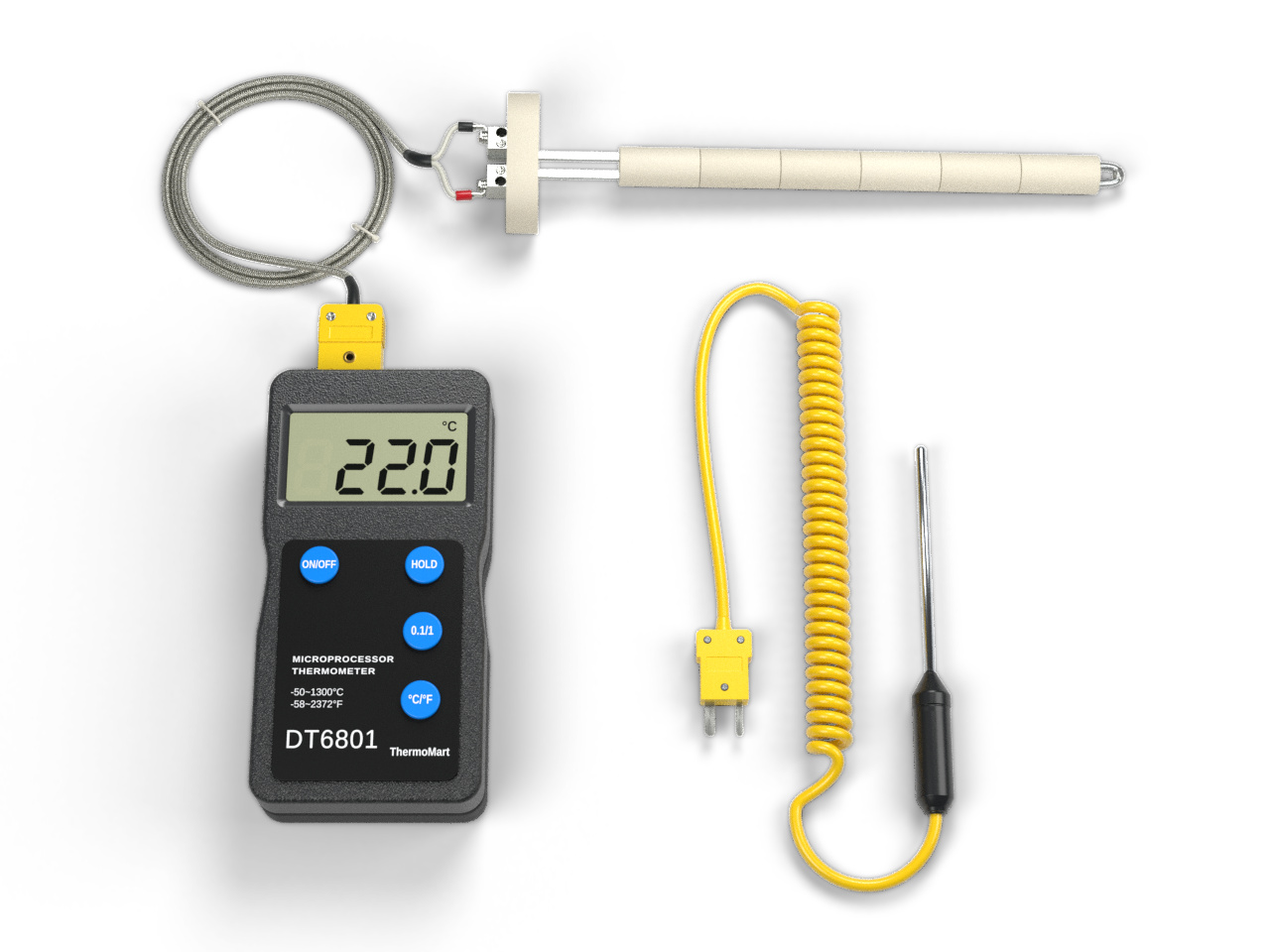 DP-6801 digital pyrometer, ceramic K-type kiln probe with braided cable, and separate test probe and connectors