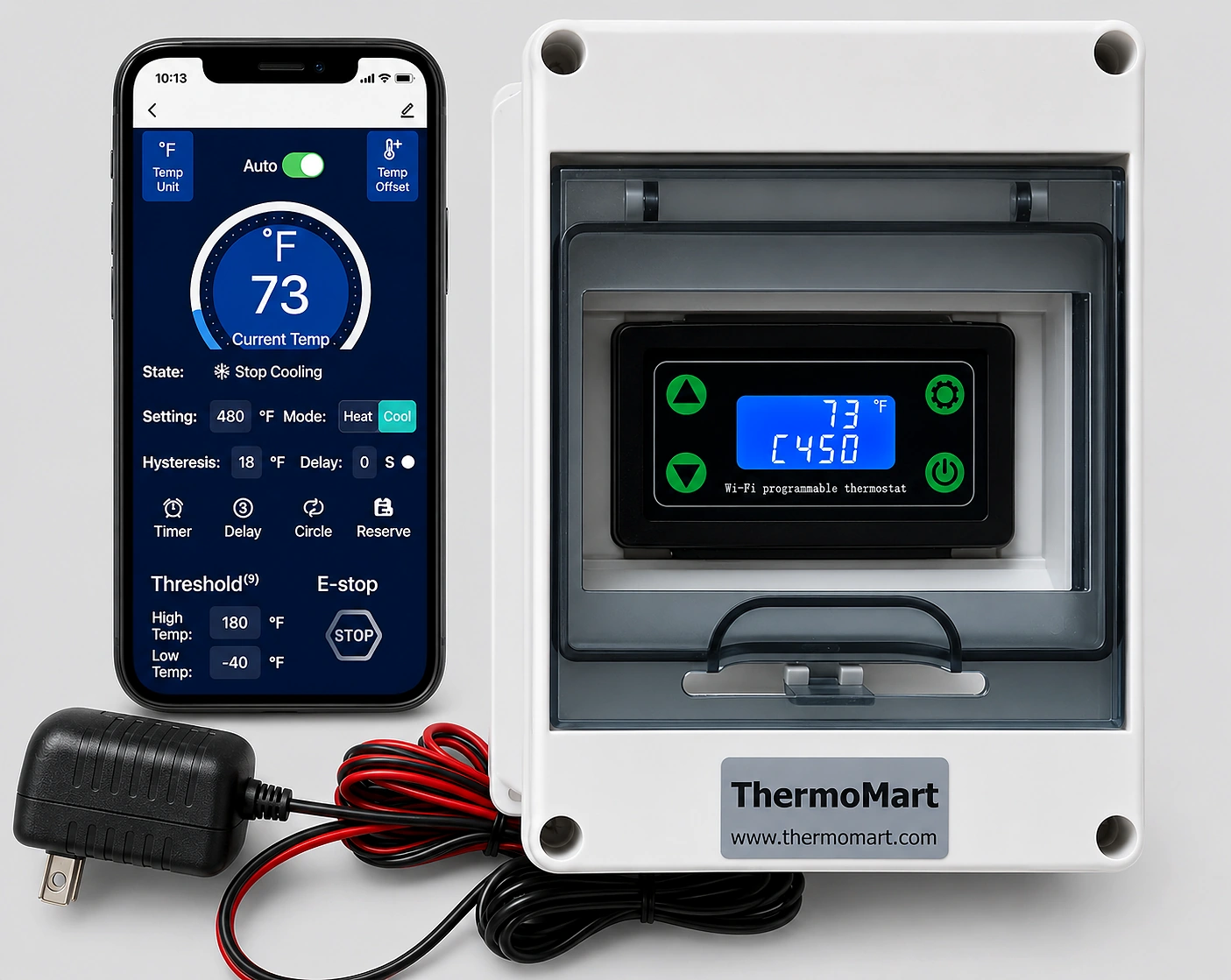 DIN500-N Waterproof Smart Wi-Fi Pool Heater Controller and Remote Thermostat DIN500-N waterproof Wi-Fi pool heater controller with thermostat display, temperature sensor and control wires