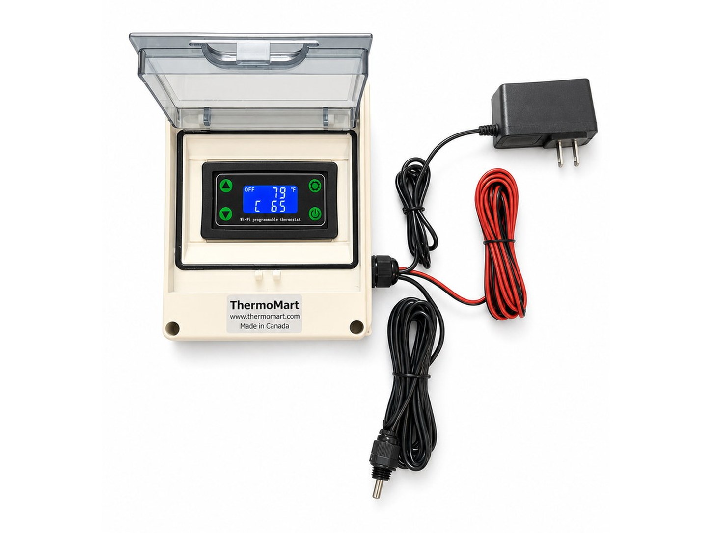 DIN500-N waterproof WiFi pool heater controller with front display, temperature sensor, and dry-contact control wires