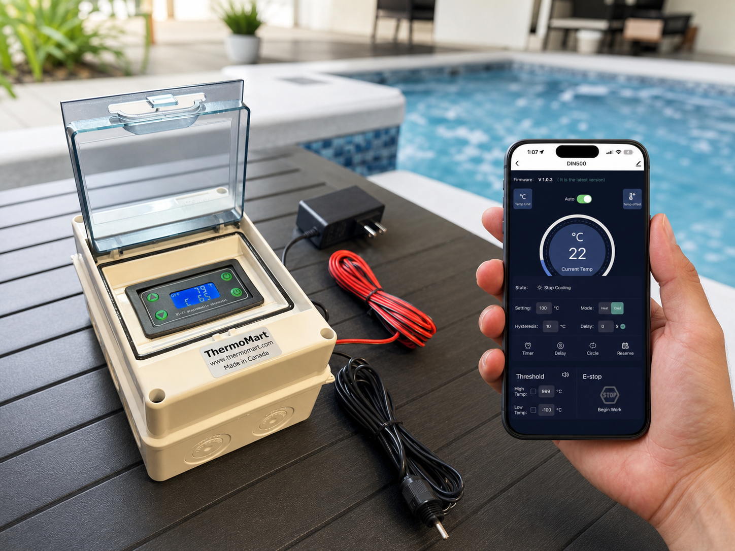 DIN500-N waterproof WiFi pool heater controller with front display, temperature sensor, and dry-contact control wires