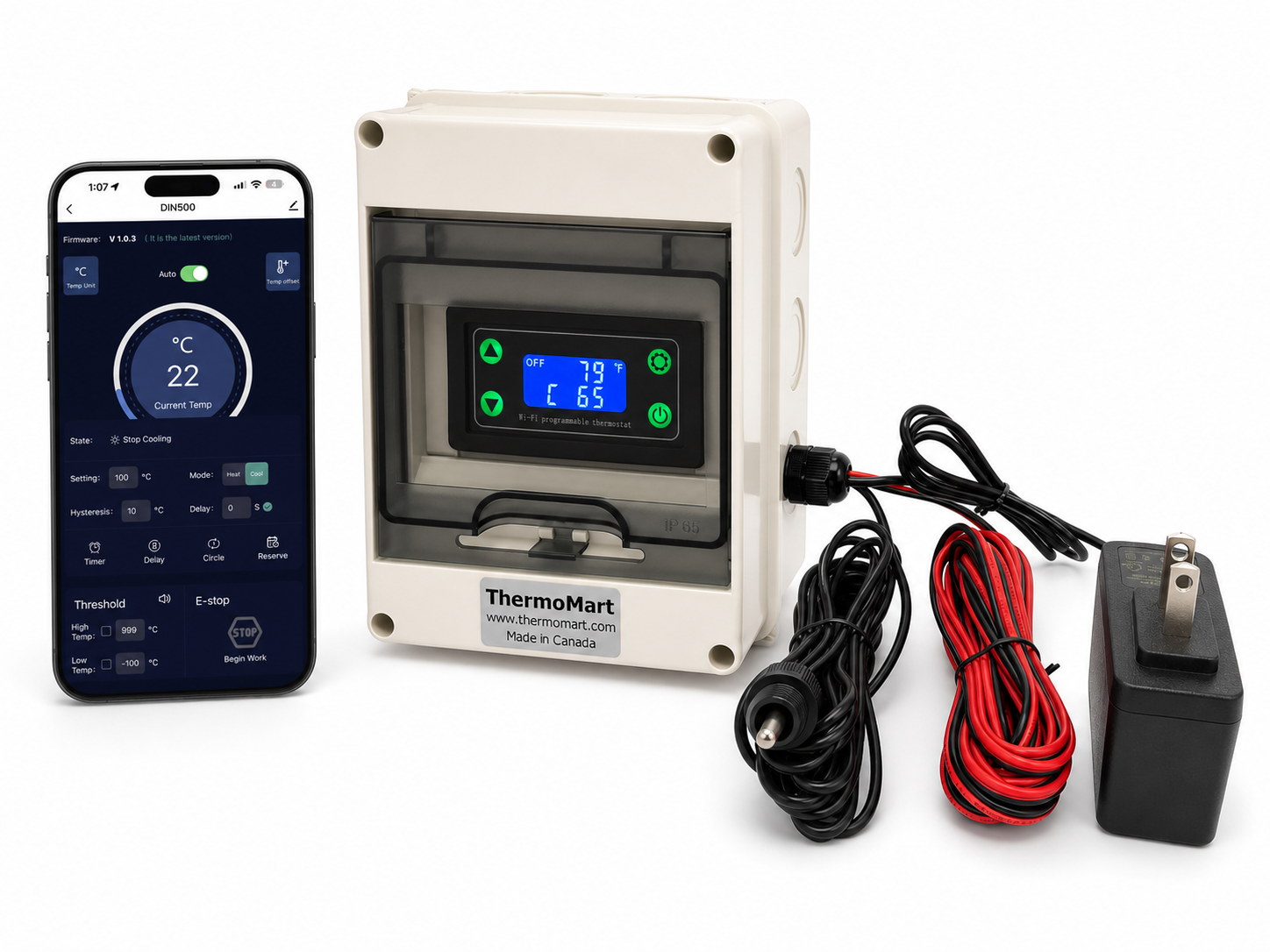 DIN500-N waterproof WiFi pool heater controller with front display, temperature sensor, and dry-contact control wires