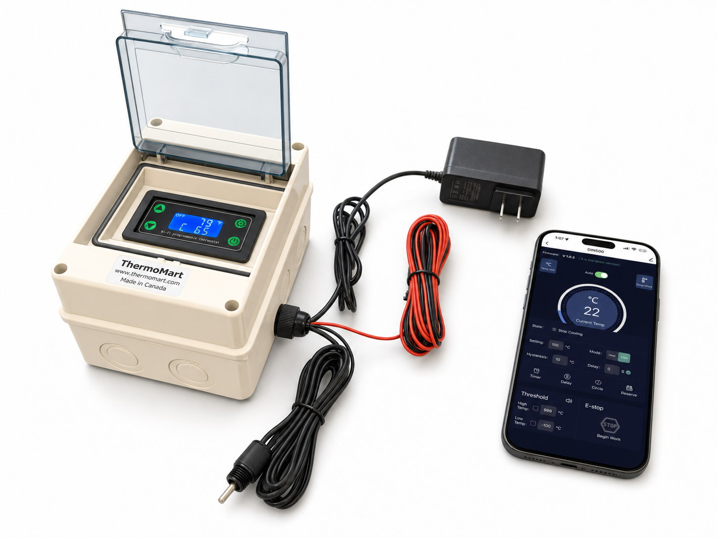 DIN500-N waterproof WiFi pool heater controller with front display, temperature sensor, and dry-contact control wires