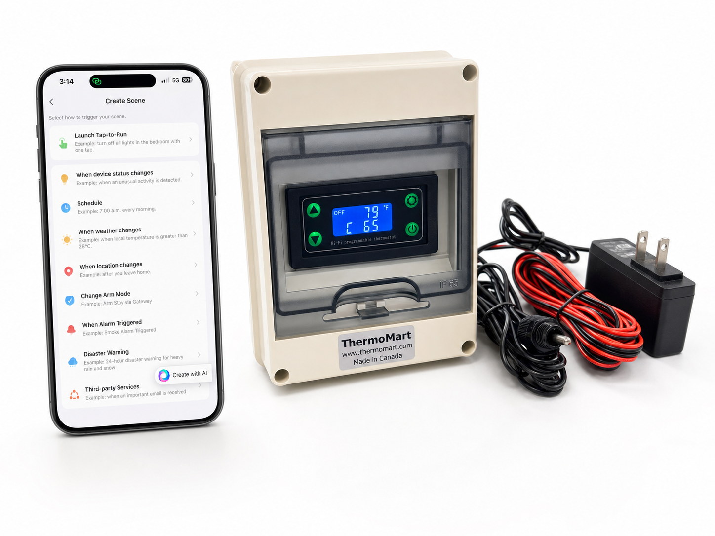 DIN500-N waterproof WiFi pool heater controller with front display, temperature sensor, and dry-contact control wires
