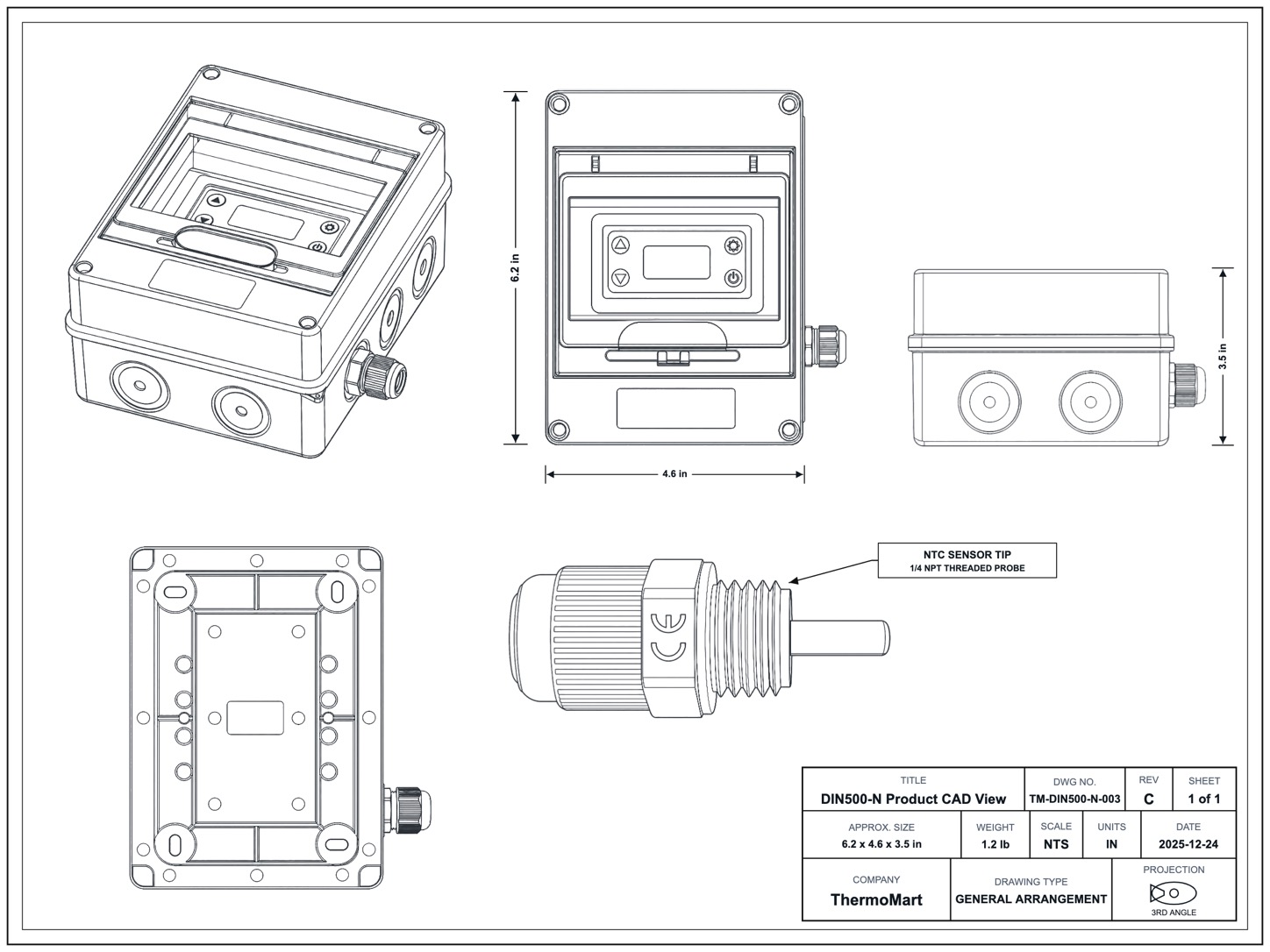 DIN500-N waterproof WiFi pool heater controller with front display, temperature sensor, and dry-contact control wires