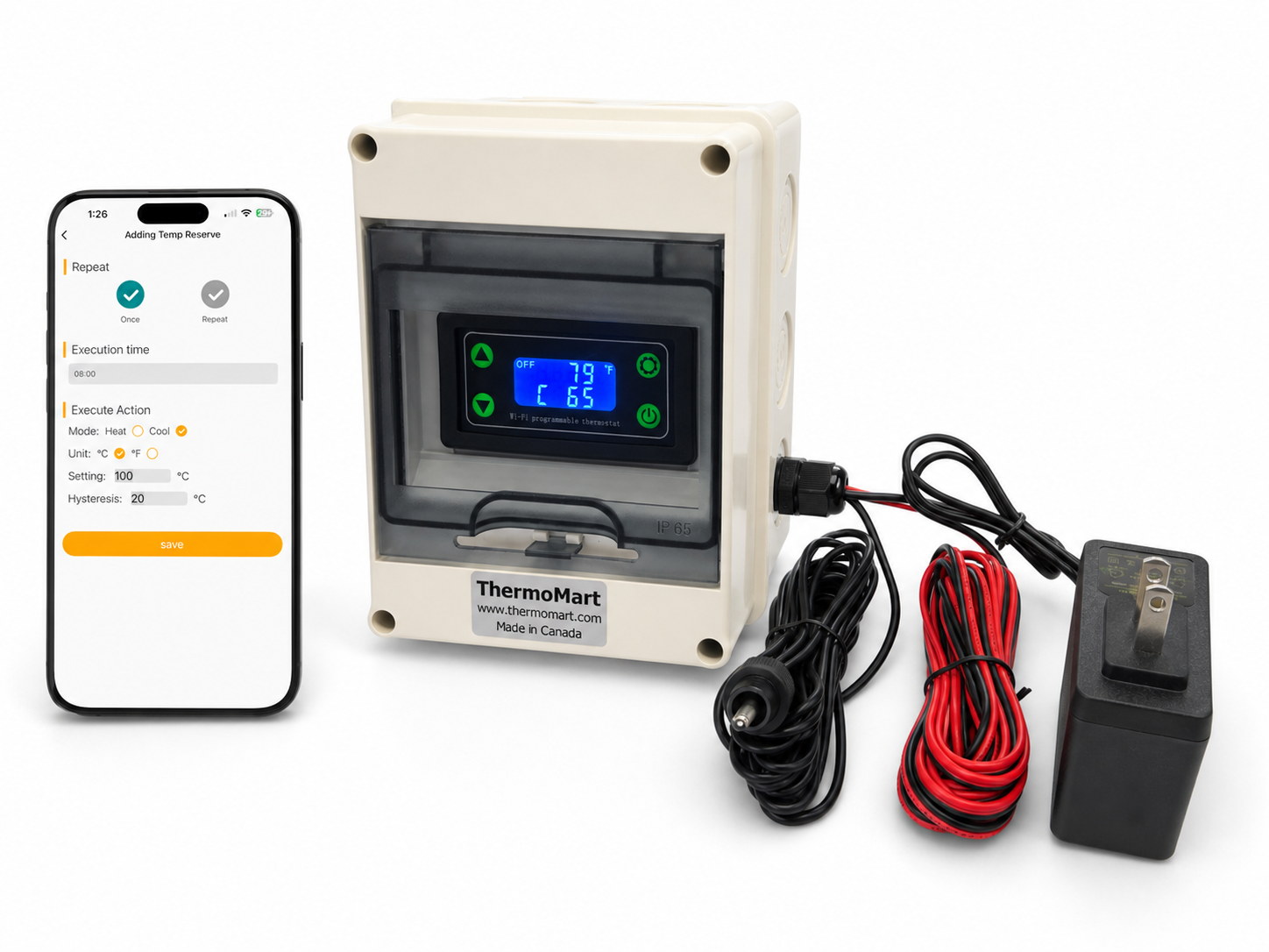 DIN500-N waterproof WiFi pool heater controller with front display, temperature sensor, and dry-contact control wires
