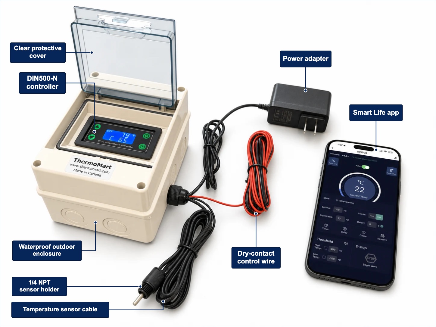 DIN500-N waterproof WiFi pool heater controller kit with Smart Life app, power adapter, temperature sensor cable, dry-contact control wire, and 1/4 NPT sensor holder