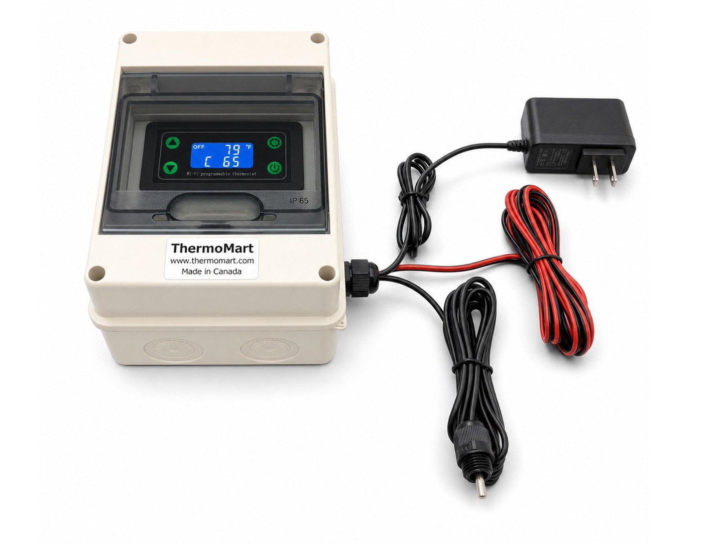 DIN500-N waterproof WiFi pool heater controller with front display, temperature sensor, and dry-contact control wires