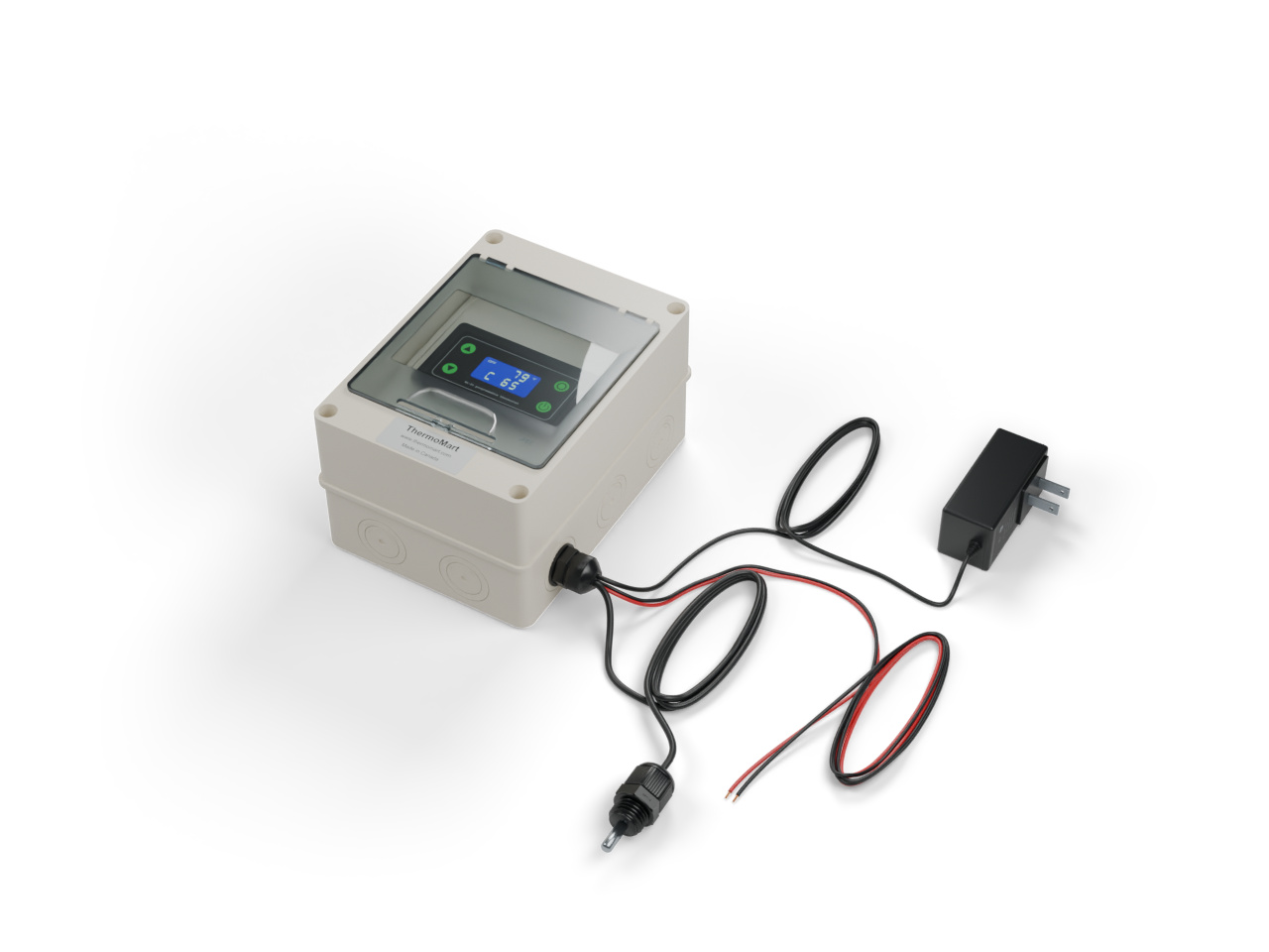 DIN500-N controller kit with protective cover, power adapter, temperature sensor, dry-contact wire and cable gland