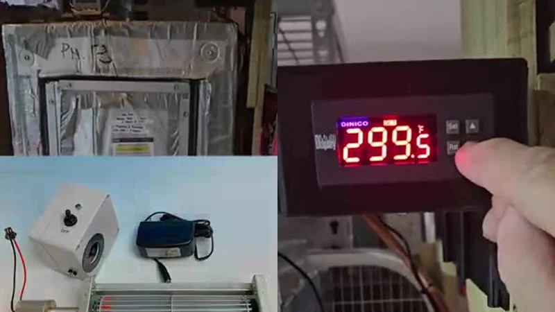 ThermoMart temperature controller operating a Cerakote curing oven in a professional shop walkthrough