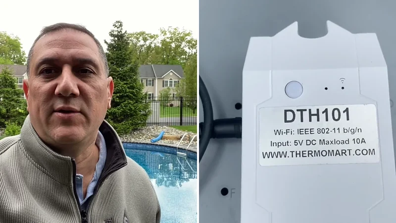 Residential pool and ThermoMart DTH101-series controller shown in a three-part phone-control installation series