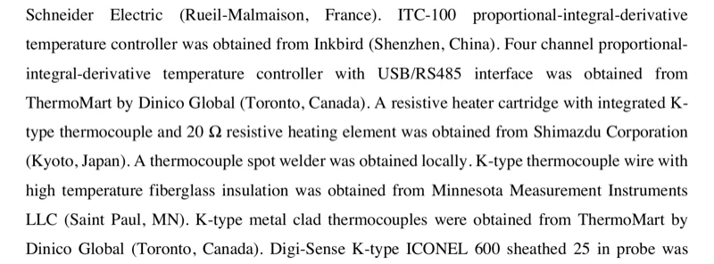 Purdue dissertation page 80 naming a ThermoMart four-channel USB RS485 PID controller and K-type metal-clad thermocouples
